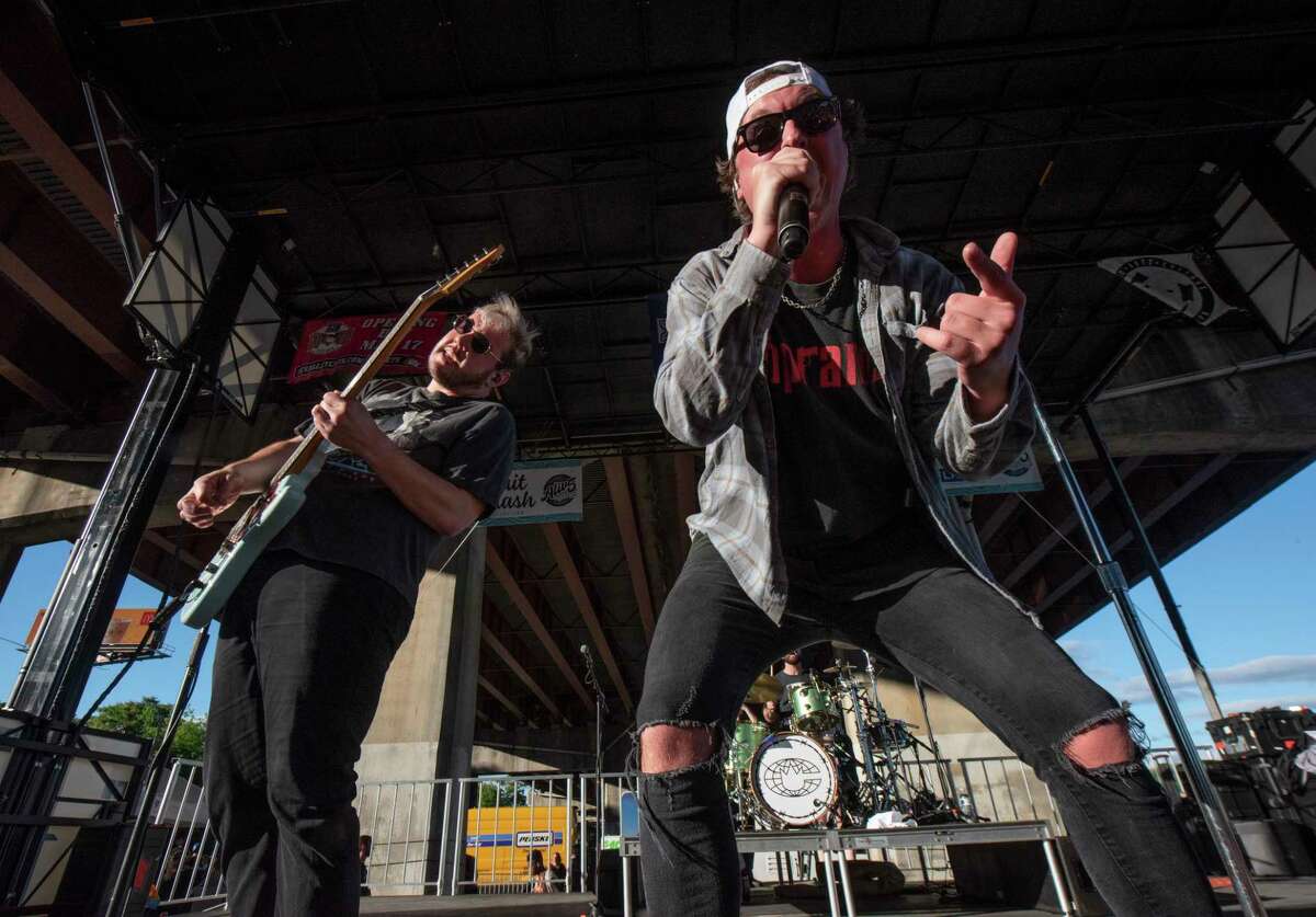 State Champs perform for fans during Alive at Five at the Corning Preserve on Thursday, June 9, 2022 in Albany, N.Y. Albany's eight-week Alive at 5 series of free concerts on Thursday nights at the riverfront amphitheater starts with a show by Young Culture with State Champs. The concert was held under I-787 which is the rain location.
