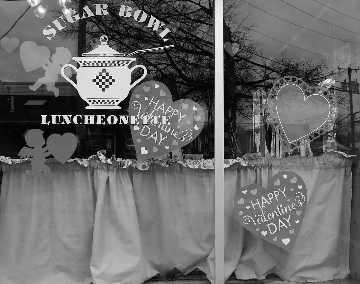 Valentine's Day decoractions in the window of The Sugar Bowl in Darien, CT in February 2017