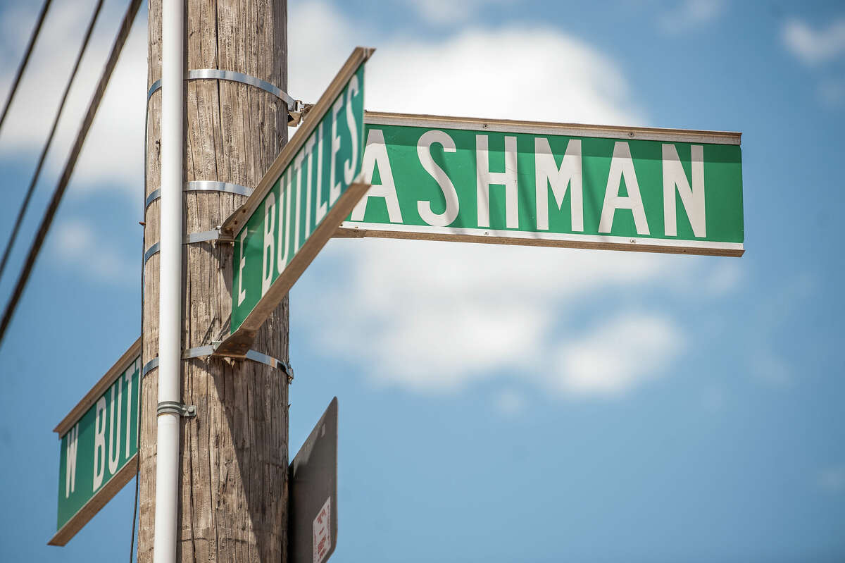A street sign for Ashman and Buttles streets sits on June 3, 2022 in Downtown Midland.