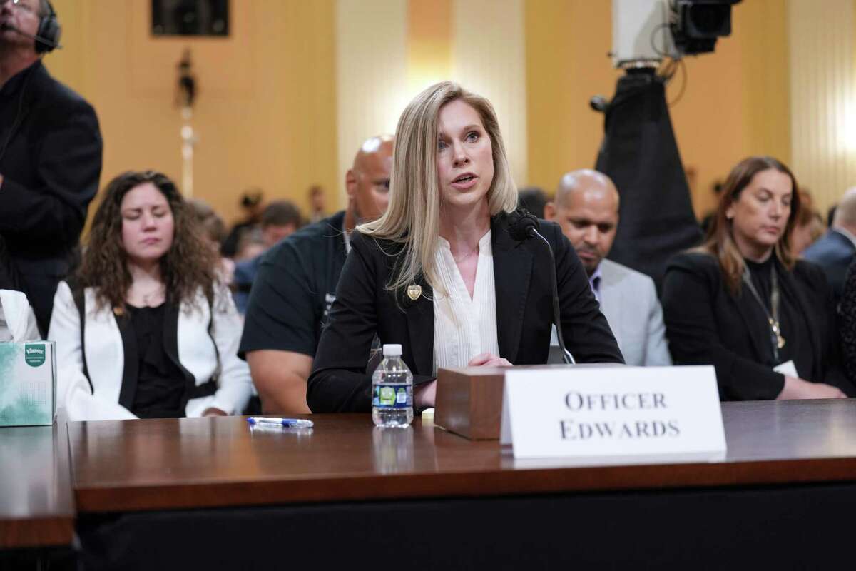 Capitol Police Officer Caroline Edwards testifies before the House Select Committee to Investigate the Jan. 6 Attack in Washington on Thursday night, June 9, 2022. The committee opened a landmark set of hearings on Thursday by showing video of aide after aide to former President Donald Trump testifying that his claims of a stolen election were false, as the panel laid out in meticulous detail the extent of the former president?•s efforts to keep himself in office. (Doug Mills/The New York Times)