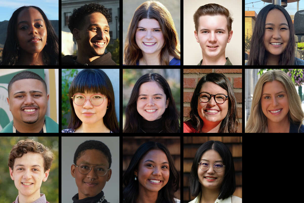 The San Francisco Chronicle intern class of summer 2022. From left to right, top row: Chasity Hale, Elgin Nelson, Emma Talley, Ethan Swope and Camryn Pak. Middle row: Jordan Parker, Joy Diamond, Hilue Kikue Higuchi, Leticia Luna and Melissa Newcomb. Bottom row: Owen Henderson, Reegan Saunders, Sabrina Pascua and Xueer Lu.