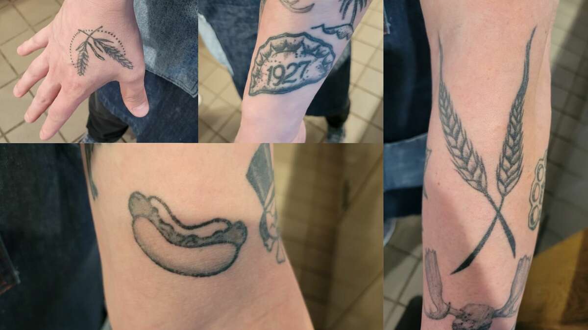 Ryan Lachaine shows off four food tattoos, half of them of wheat.