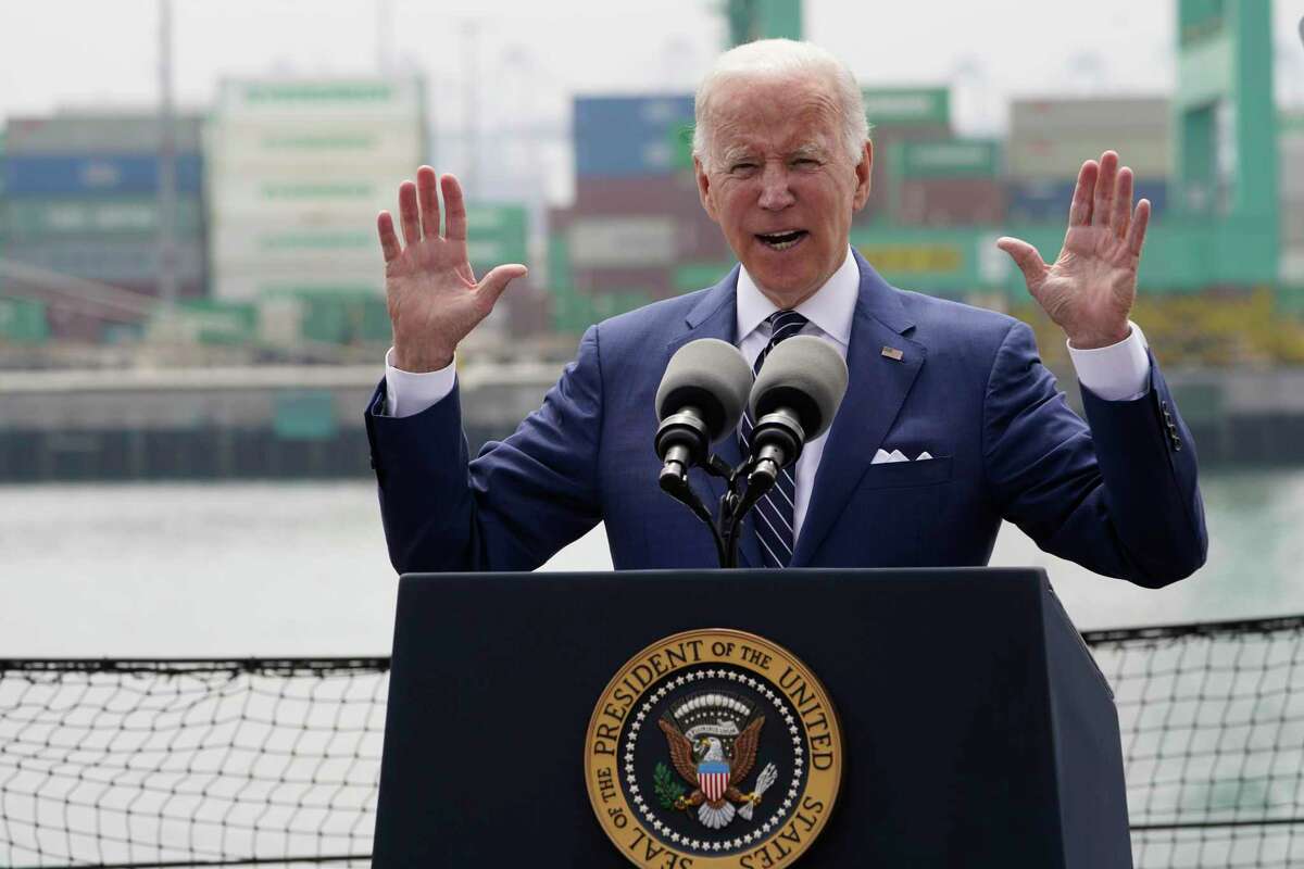 President Joe Biden speaks about inflation and supply chain issues at the Port of Los Angeles, Friday, June 10, 2022, in Los Angeles. (AP Photo/Damian Dovarganes)