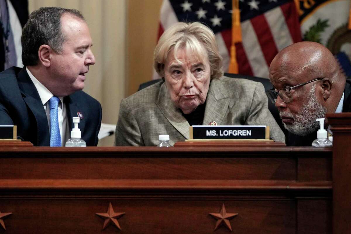 Rep. Adam Schiff (D-Burbank), Rep. Zoe Lofgren (D-San Jose) and Chairman Rep. Bennie Thompson (D-Miss.) confer during a hearing of the Select Committee to Investigate the January 6th Attack on the U.S. Capitol on June 9, 2022, in Washington, D.C.