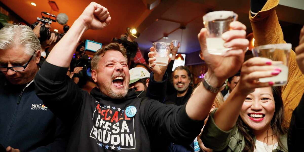 Mark Dietrich celebrates the results of Proposition H at an election night party at Del Mar in San Francisco on Tuesday.