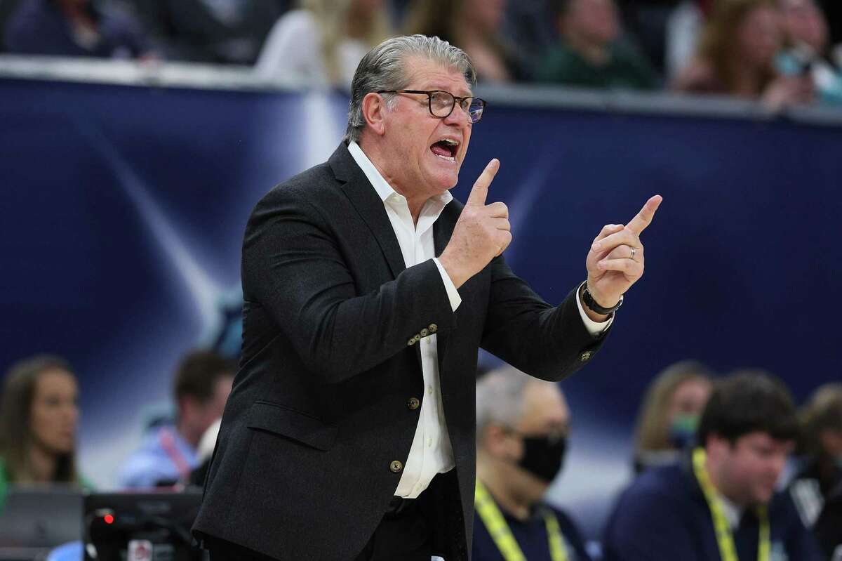UConn coach Geno Auriemma calls to his team during the NCAA Tournament championship game against South Carolina on April 3.
