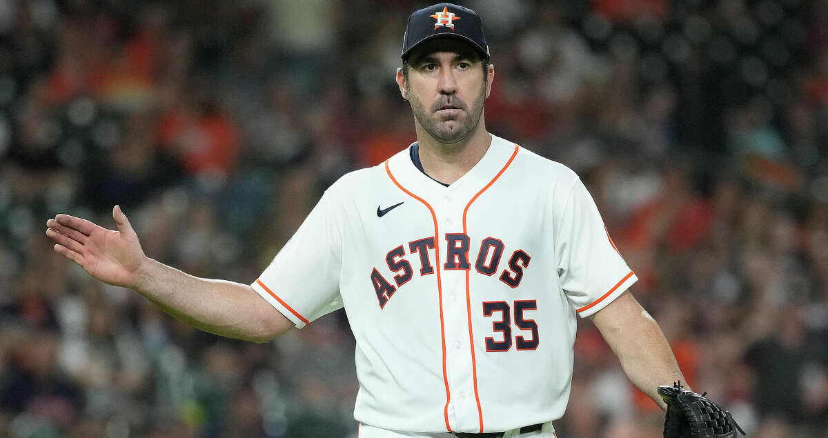 Houston Astros starting pitcher Justin Verlander (35) reacts after striking out Seattle Mariners' Ty France to end the top of the seventh inning of a MLB game at Minute Maid Park on Tuesday, June 7, 2022 in Houston.