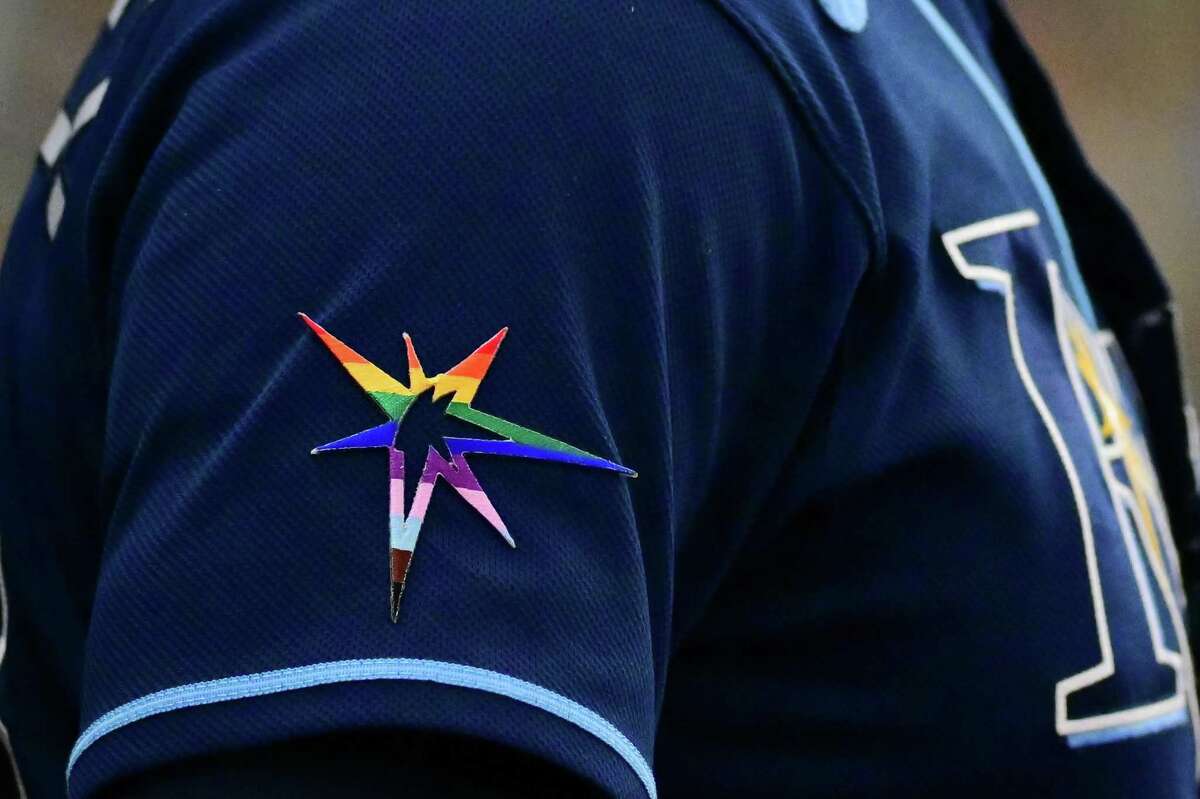 Detail of the Tampa Bay Rays' pride burst logo celebrating Pride Month during a game against the Chicago White Sox at Tropicana Field on Saturday, June 4, 2022, in St. Petersburg, Florida. (Julio Aguilar/Getty Images/TNS)