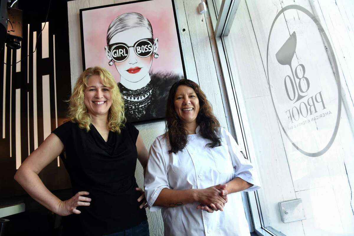 80 Proof American Kitchen & Bar owners Sarah Cornelius (left) and Sonia Salazar photographed in the new bar/restaurant on Crown Street in New Haven on June 9, 2022. Salazar is also the chef.