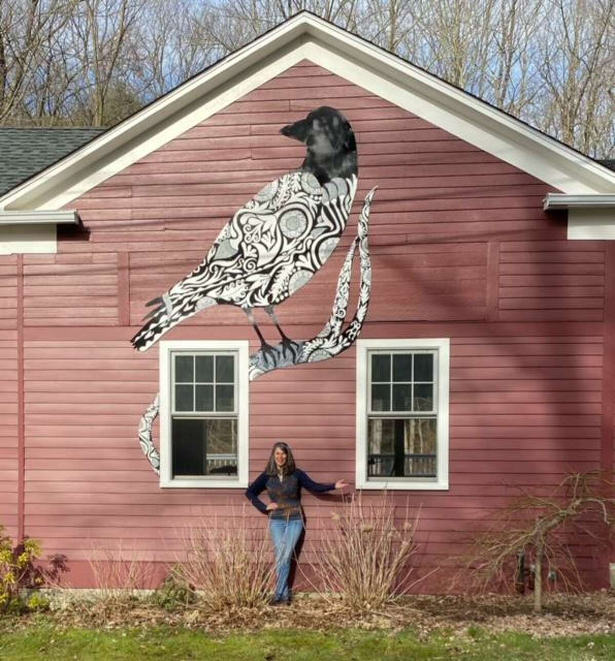Artist Danielle Mailer's Night Bird is now on the red barn exterior of Merryall Art Center in New Milford, as it debuts its new season of art, theater and music.