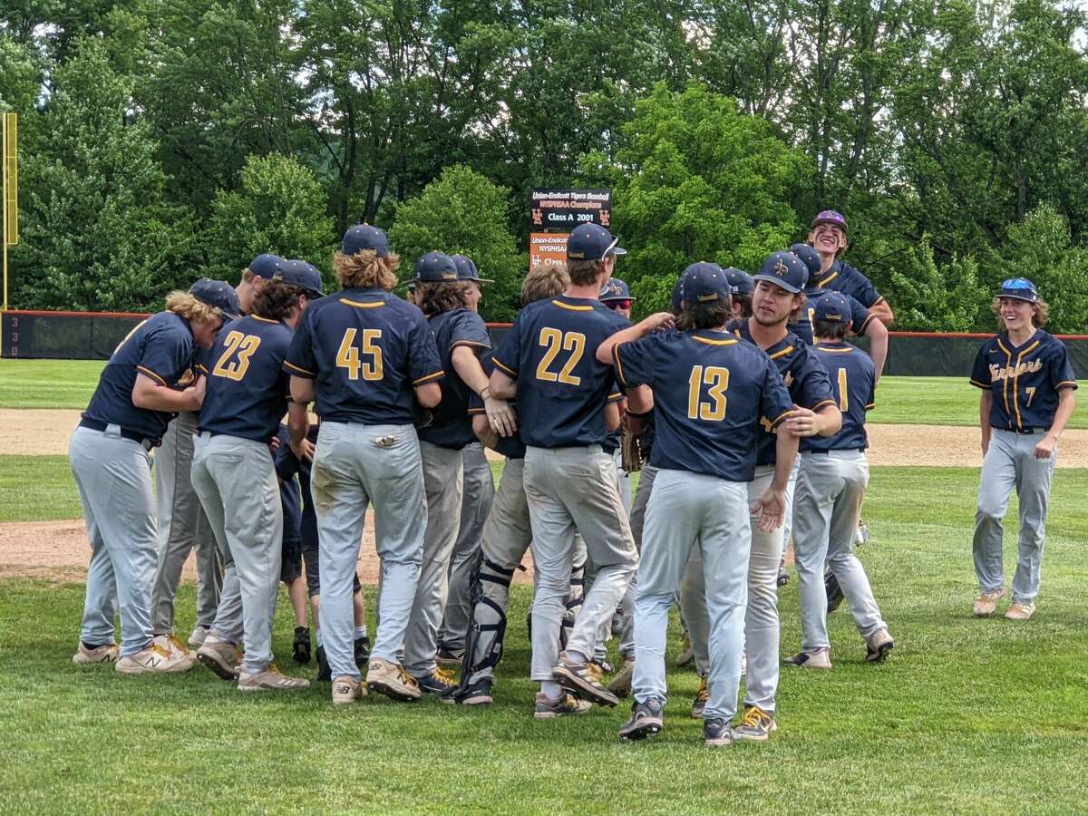 Averill Park celebrates its victory over Maine-Endwell in their Class A state semifinal on Friday, June 10, 2022.