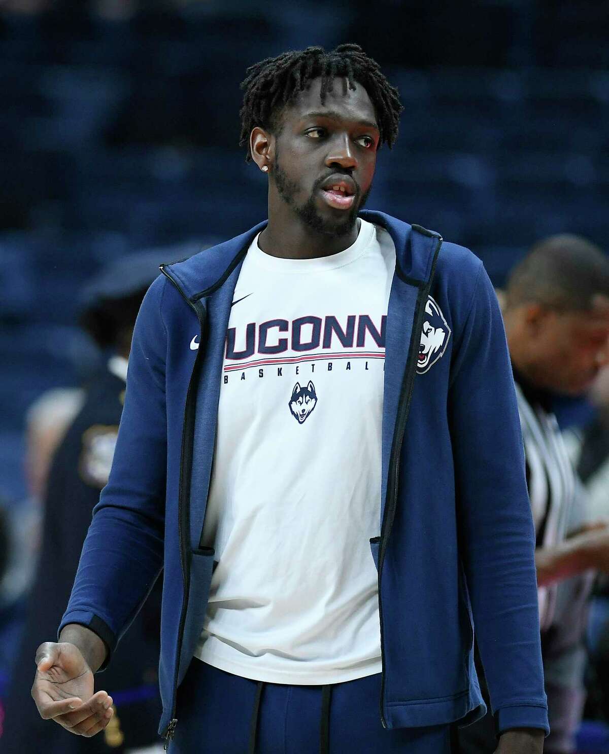 Connecticut's Mamadou Diarra prior to an NCAA college basketball game with SMU, Thursday, Jan. 10, 2019, in Storrs, Conn. (AP Photo/Jessica Hill)