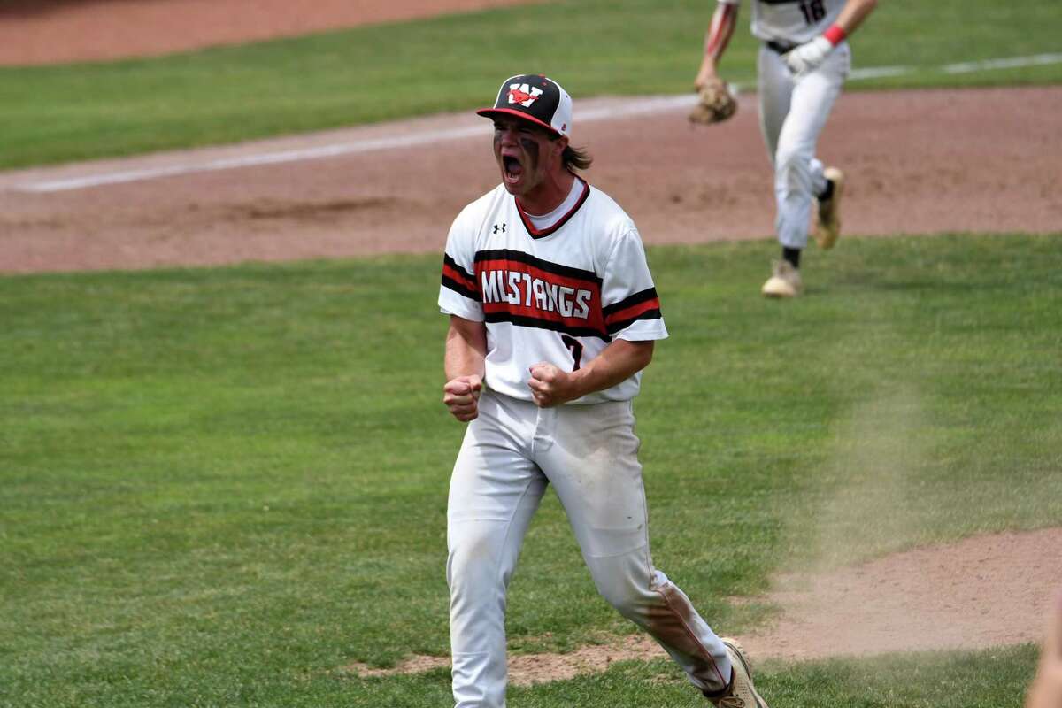 Fairfield Warde's Paddy Galvin screams after recording the final out in Fairfield Warde's 7-5 win over Southington in the Class LL baseball championship game at Palmer Field, Middletown on Saturday, June 11, 2022.
