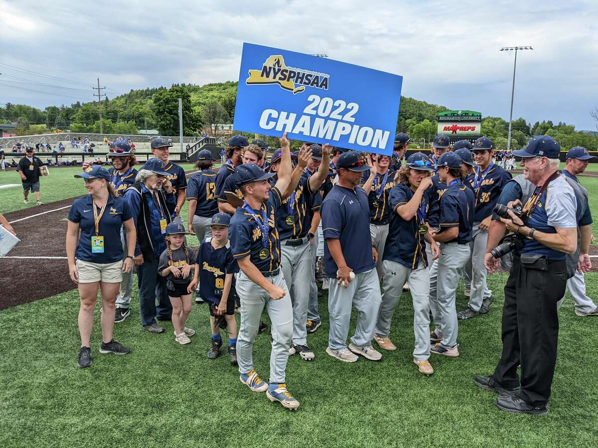 The Averill Park baseball team celebrates after winning the Class A state title over Hamburg on Saturday, June 11, 2022, at Binghamton University.