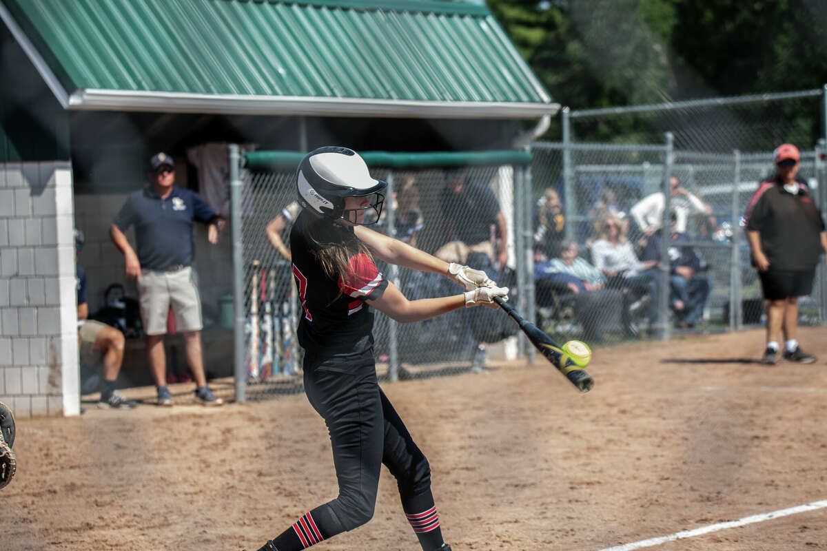 Beaverton's Hannah Stearns hits the ball during Saturday's Division 3 regional semifinal in Clare, June 11, 2022.