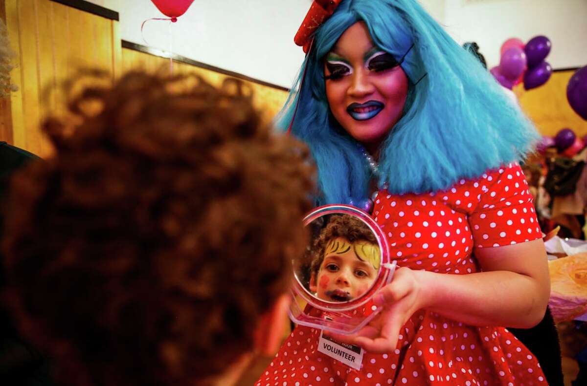 Panda Dulce (right), shown at a 2017 San Francisco event, reported being harassed Saturday by five men who disrupted Dulce reading to children at the San Lorenzo Library at a drag queen story event. The Sheriff’s Office responded.