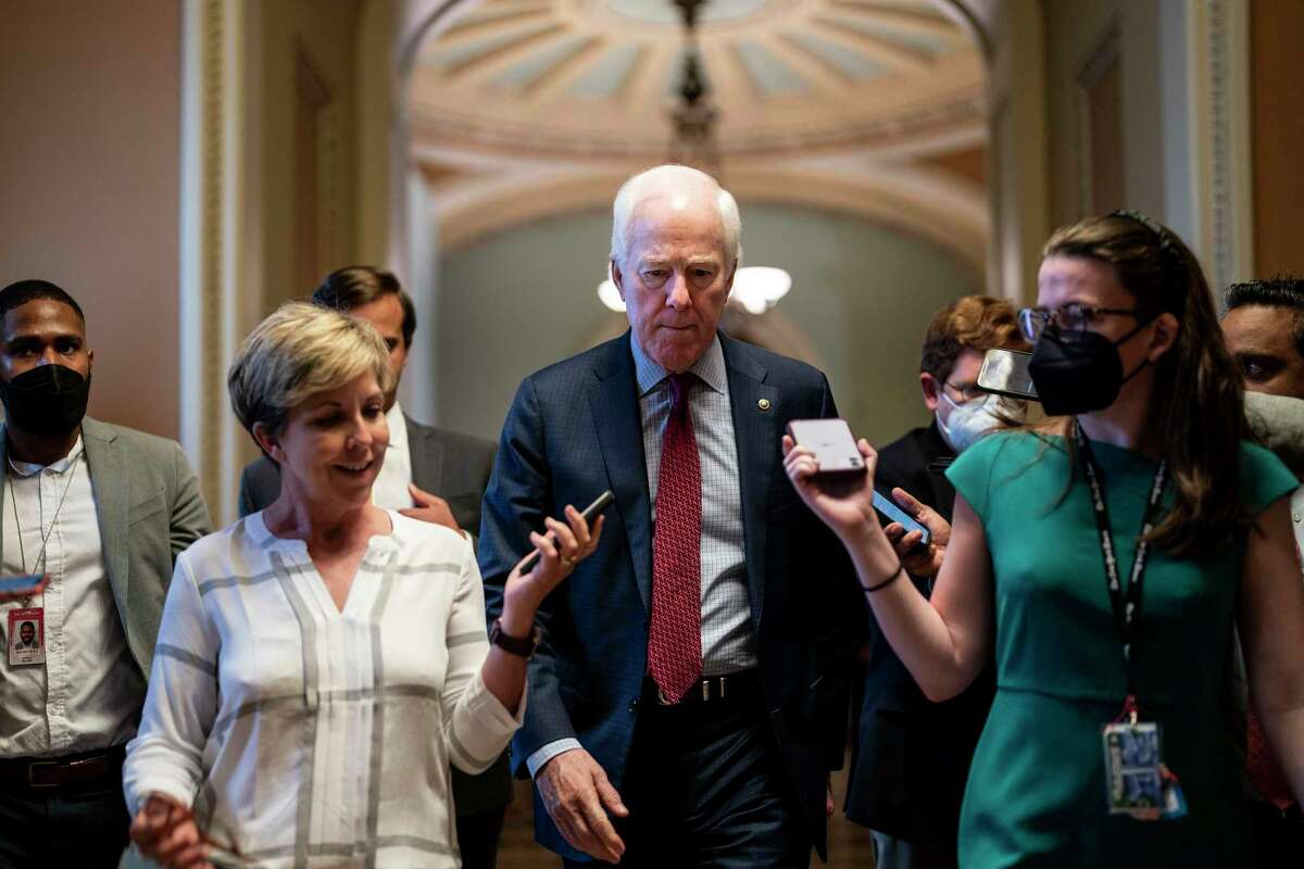 U.S. Sen. John Cornyn, R-Texas, talks with reporters following party policy luncheons on Capitol Hill on Tuesday, June 7, 2022, in Washington, D.C.