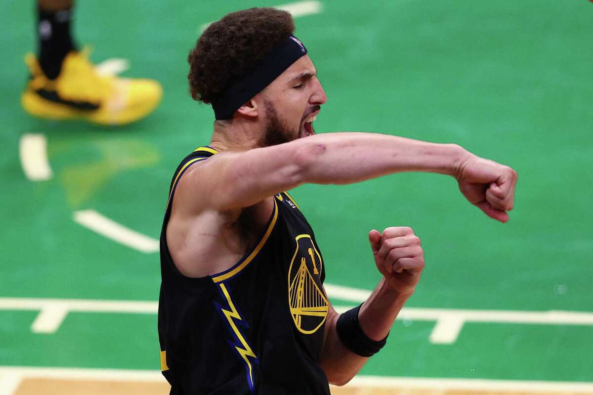 Klay Thompson celebrates a basket in the fourth quarter of Game 4 of the 2022 NBA Finals against the Boston Celtics at TD Garden on June 10, 2022 in Boston, Massachusetts.