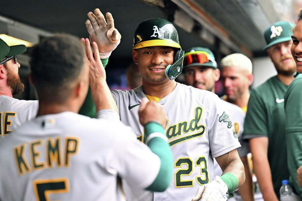 CLEVELAND, OHIO - JUNE 11: Christian Bethancourt #23 of the Oakland Athletics celebrates after hitting a solo homer during the ninth inning against the Cleveland Guardians at Progressive Field on June 11, 2022 in Cleveland, Ohio. (Photo by Jason Miller/Getty Images)
