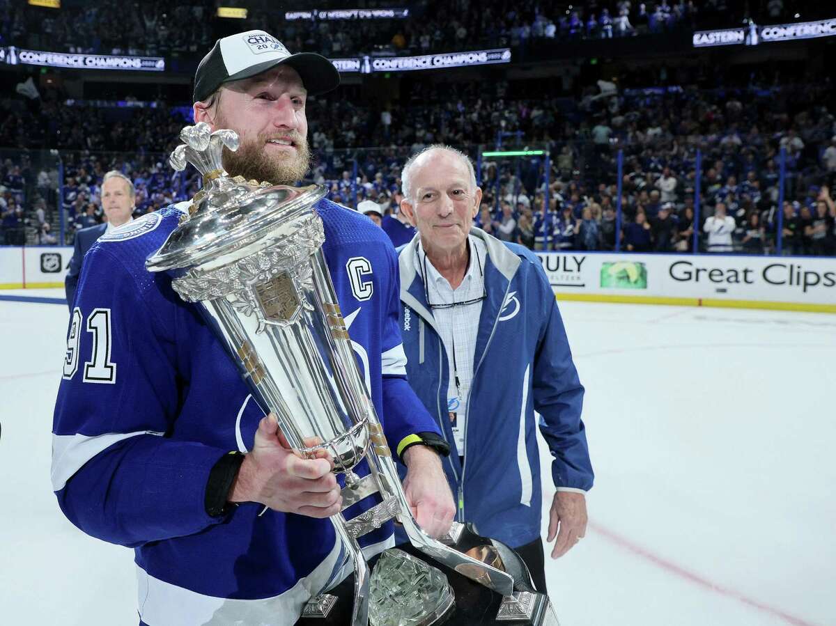 Steven Stamkos of the Lightning skates with the Prince of Wales Trophy after eliminating the Rangers in the East.