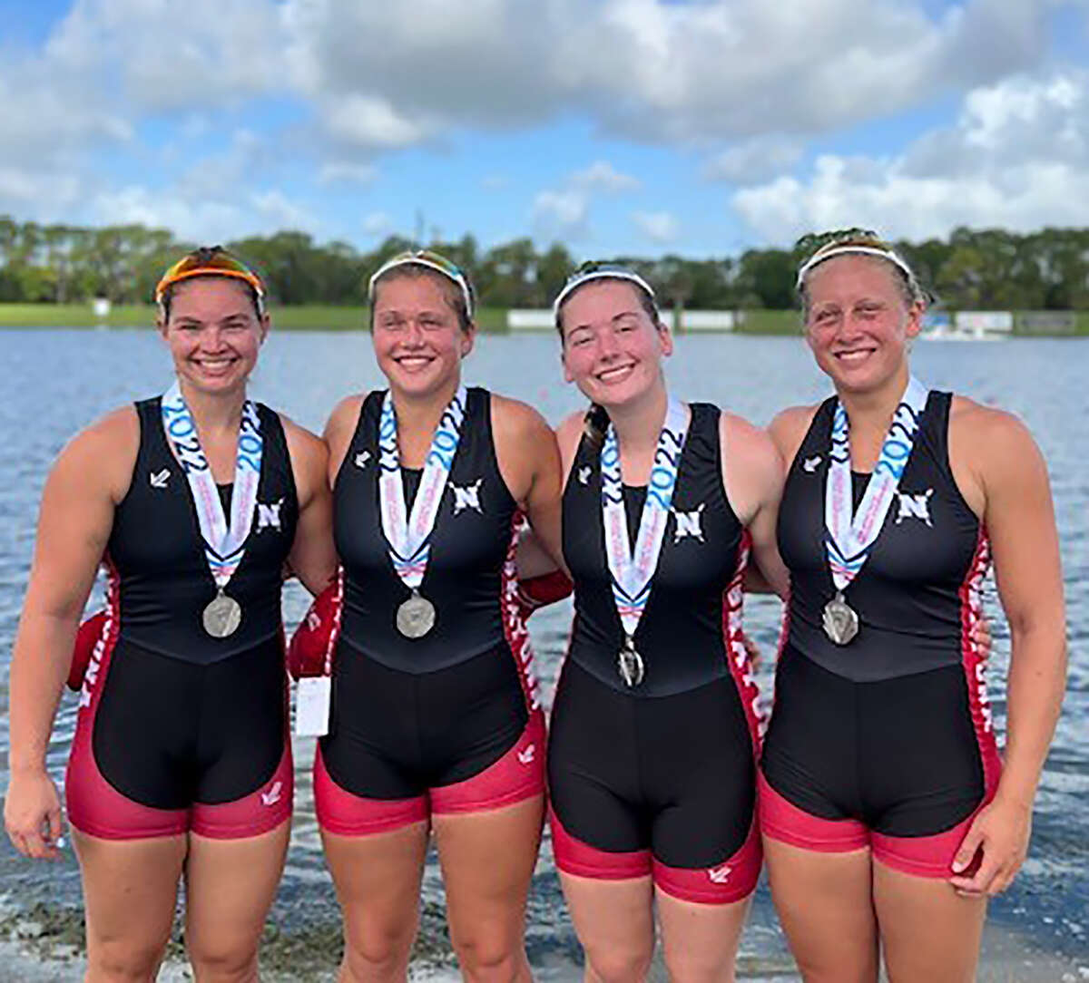 The quad (4x) women's youth silver medalists from Niskayuna Rowing Club following their finals race at the 2022 Youth Nationals Regatta. From left, Jordan Zenner, Rebecca Schmidt, Stella Mirković, and Heather Schmidt.