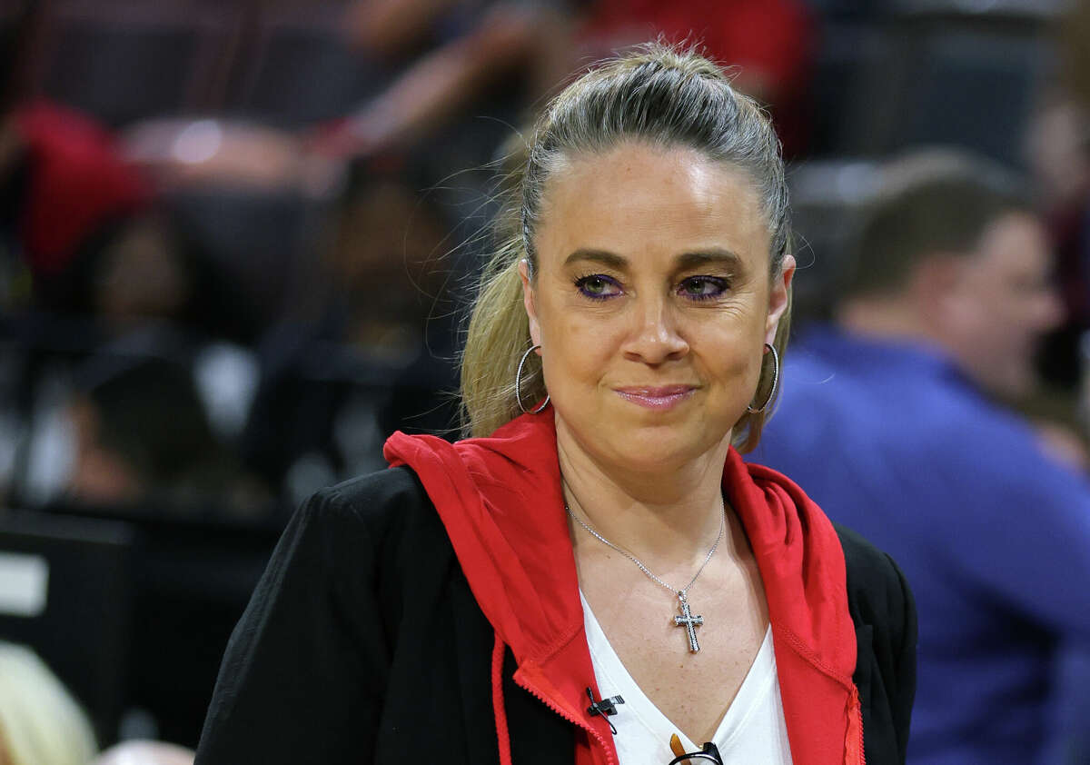 LAS VEGAS, NEVADA - MAY 08: Head coach Becky Hammon of the Las Vegas Aces looks on before the team's game against the Seattle Storm at Michelob ULTRA Arena on May 08, 2022 in Las Vegas, Nevada. The Aces defeated the Storm 85-74.  (Photo by Ethan Miller/Getty Images)