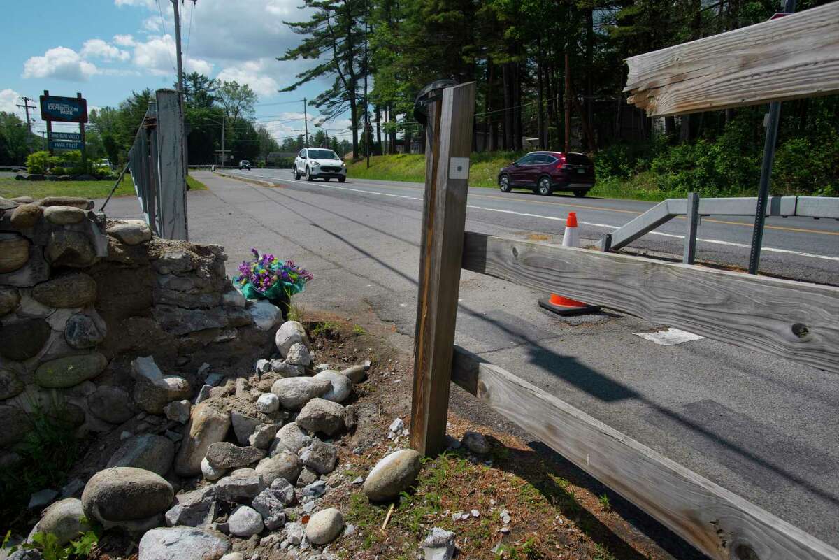 A view of the scene where New York State Police say that a speeding motorcyclist careened off Route 9 and crashed into a group of pedestrians near Lake George Expedition Park, killing a 38-year-old and an 8-year-old, seen here on Monday, June 13, 2022, in Lake George, N.Y. The driver of the motorcycle was indicted for DWI and manslaughter in the crash. (Paul Buckowski/Times Union)