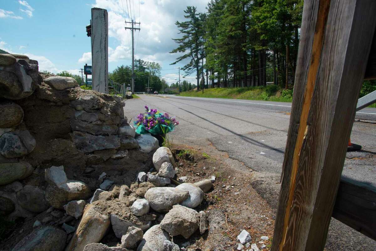 A view of the scene where New York State Police say that a speeding motorcyclist careened off Route 9 and crashed into a group of pedestrians near Lake George Expedition Park, killing a 38-year-old and an 8-year-old, seen here on Monday, June 13, 2022, in Lake George, N.Y. (Paul Buckowski/Times Union)
