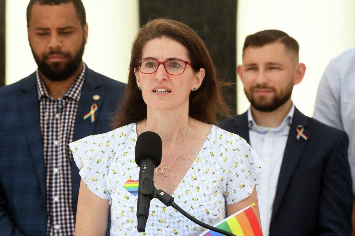 State Rep. Cristin McCarthy-Vahey, of Fairfield, speaks during a Pride flag raising ceremony in front of the Morton Government Center, in Bridgeport, Conn. June 13, 2022.