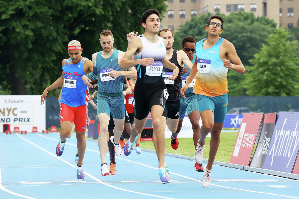 Bryce Hoppel of the USA celebrates after winning the Men's 800m during the New York Grand Prix at Icahn Stadium on June 12, 2022 in New York City. (Photo by Mike Stobe/Getty Images)