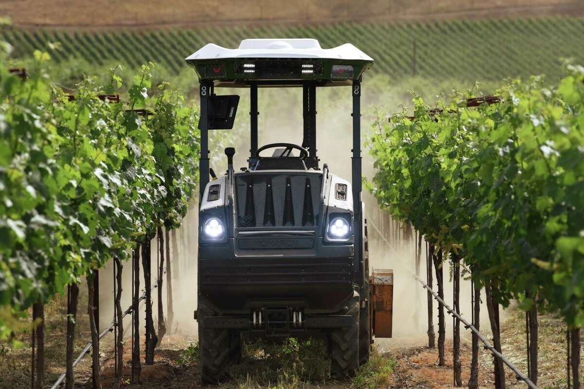 An electric-powered Monarch tractor performing some self-driving functions as it mows between vineyard rows at Beckstoffer Vineyards in Rutherford on May 26.