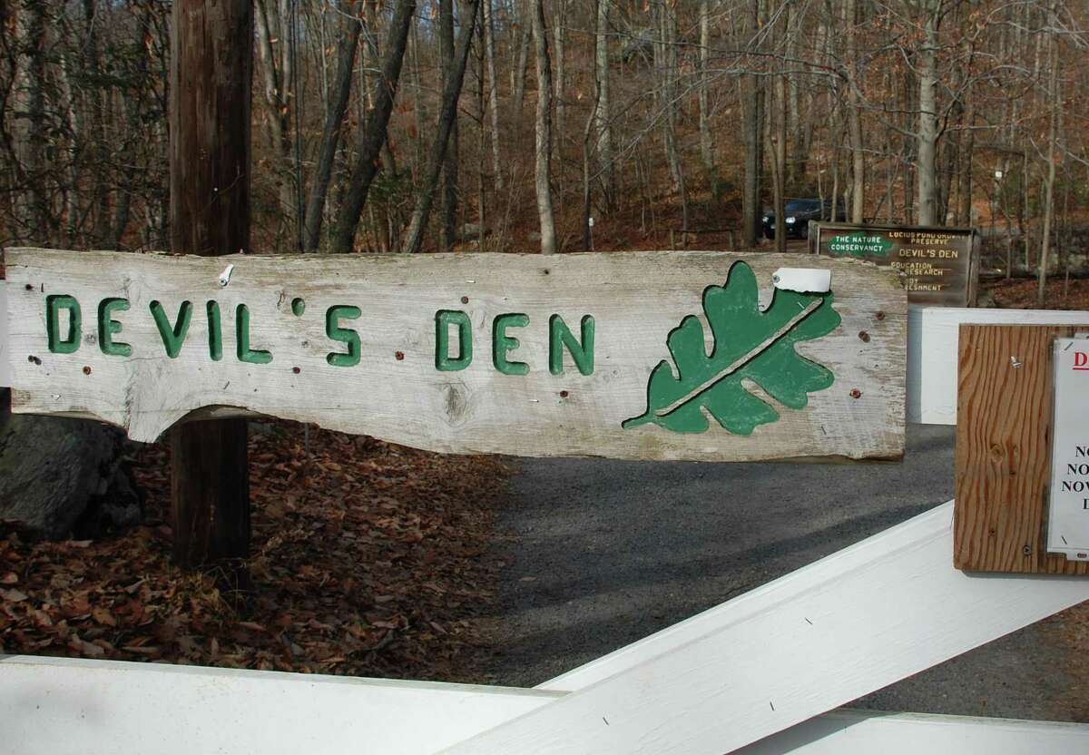 An entrance to Devil’s Den Preserve