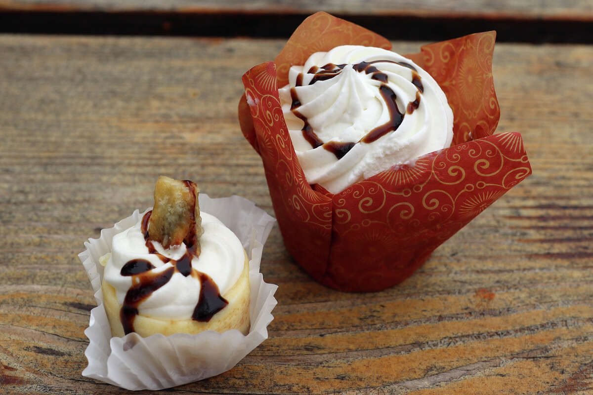 Artichoke cheesecake and an artichoke cupcake, both topped with the optional-but-recommended balsamic glaze.