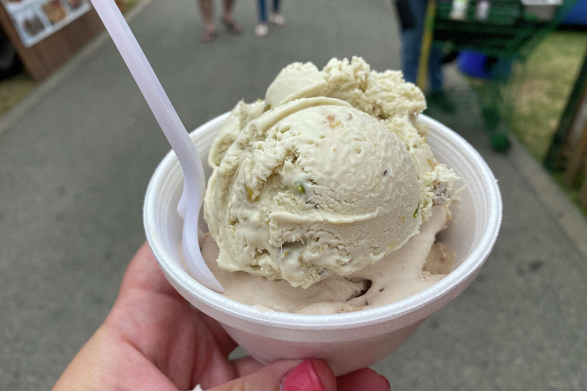 Pistachio and chocolate artichoke-infused ice cream.