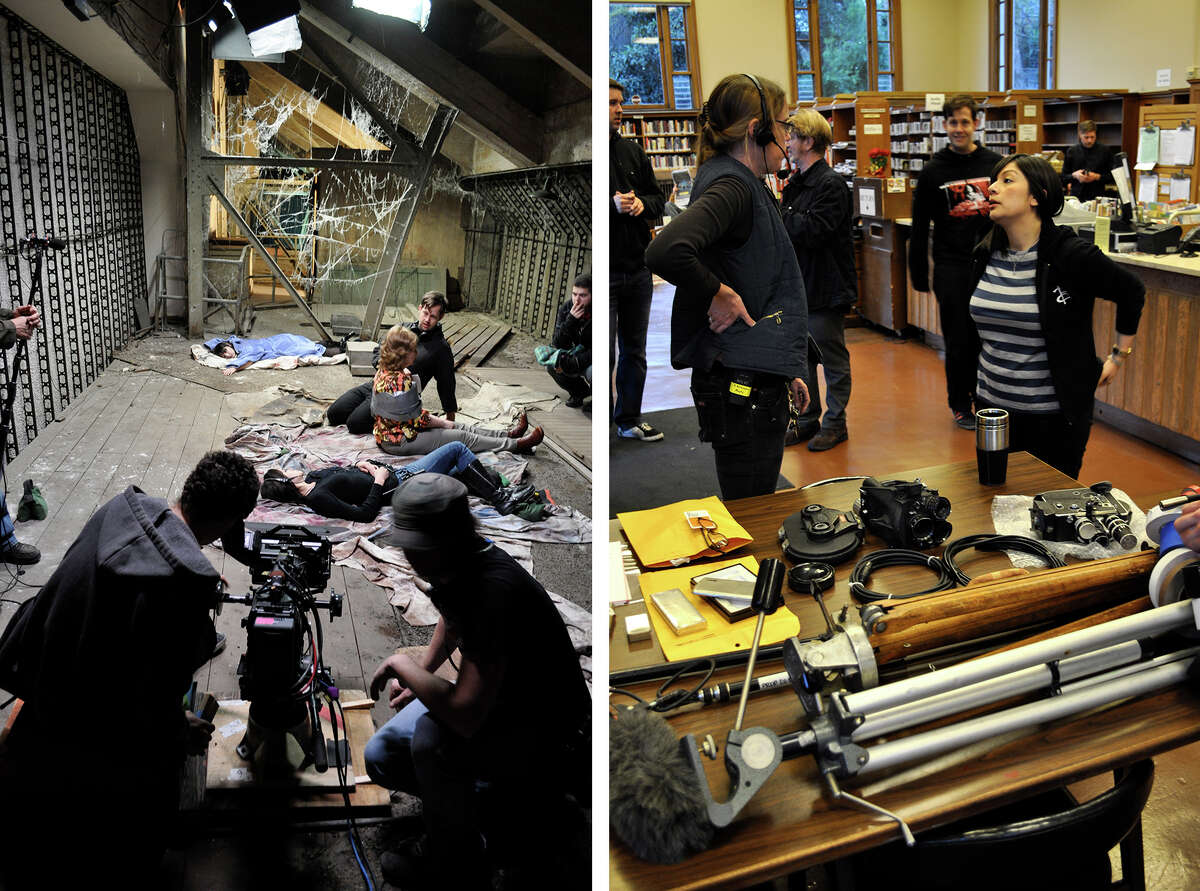 Filming of "All About Evil" on location in the Armory and the San Francisco Public Library. 