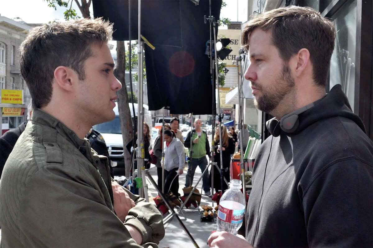 Thomas Dekker and Joshua Grannell between takes during filming of "All About Evil." 