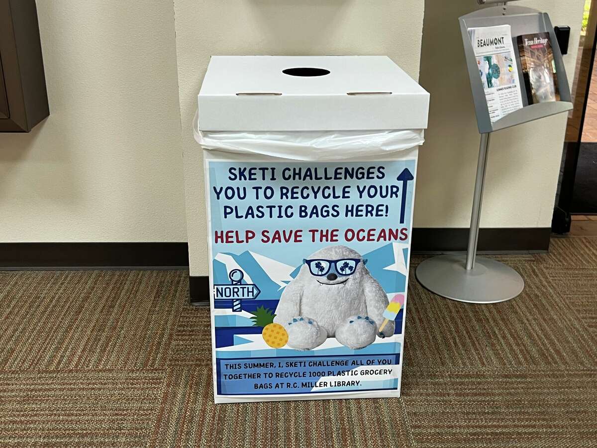 The R.C. Miller Memorial Library houses one of the four Sketi the Yeti grocery bag recycling bins.