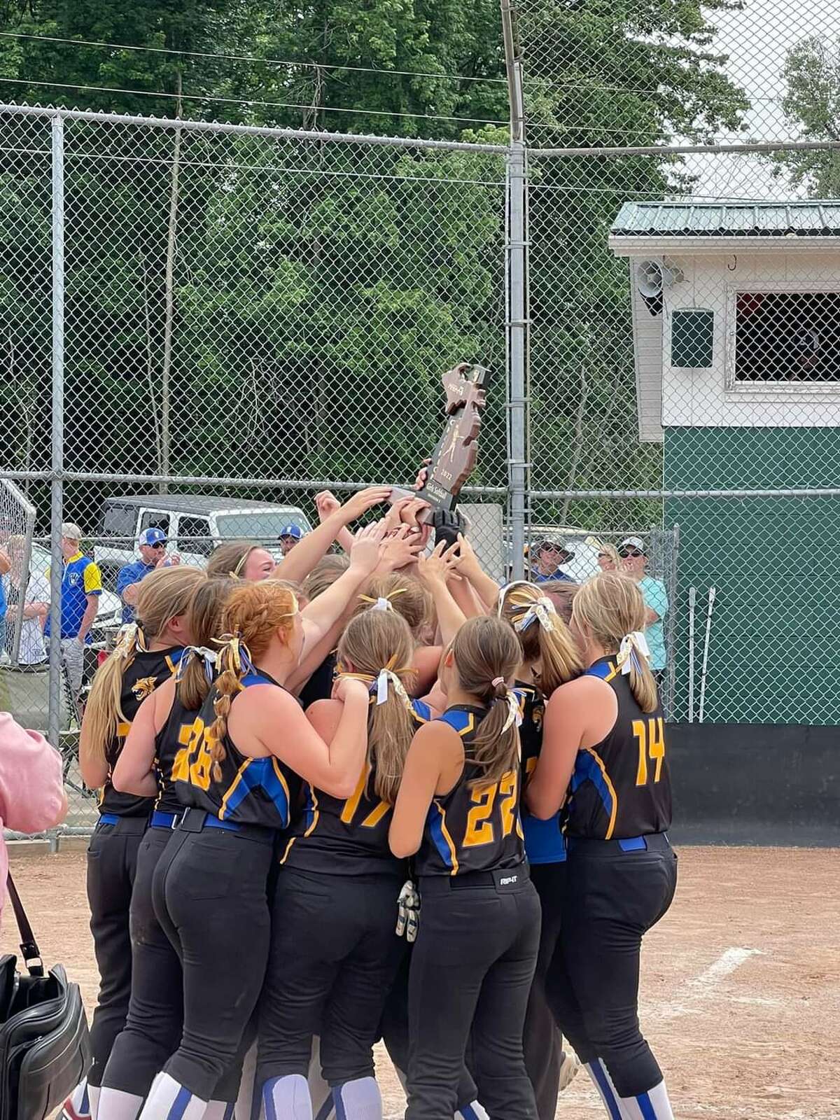 Evart's softball team celebrates winning the regional trophy on Saturday at Clare.