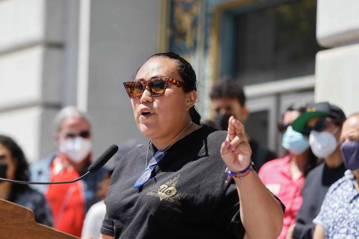 Susana Rojas, executive director Calle 24 Latino Cultural District, speaks during rally at City Hall on Monday, June 13, 2022 in San Francisco, Calif. The Latino Task Force and other community-based organizations rallied for funding to support Latino-serving community organizations that have provided COVID-19 assistance.