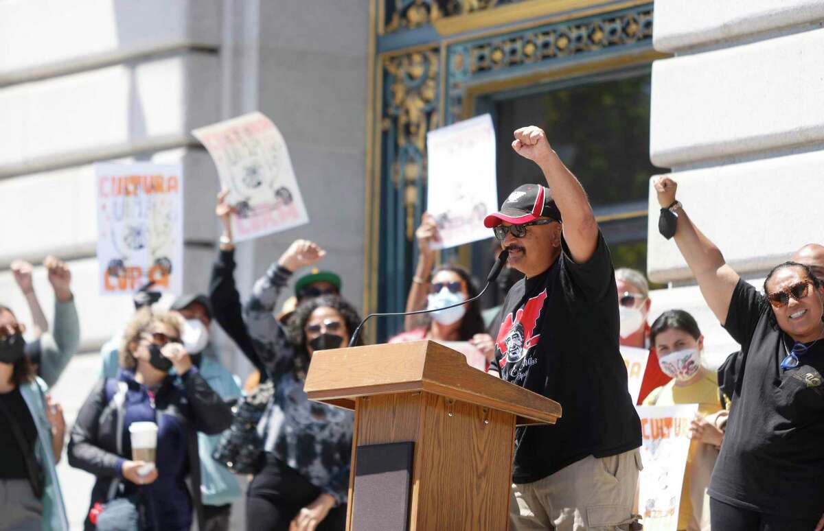 Community activist Roberto Hernandez speaks during a rally Monday at San Francisco City Hall to support funding for organizations that served the Latino community in the aftermath of COVID-19.