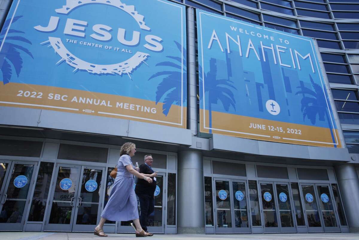 People walk out of the Anaheim Convention Center during the Southern Baptist Convention's 2022 Annual Meeting on Monday, June 13, 2022, at the convention center in Anaheim, Calif.
