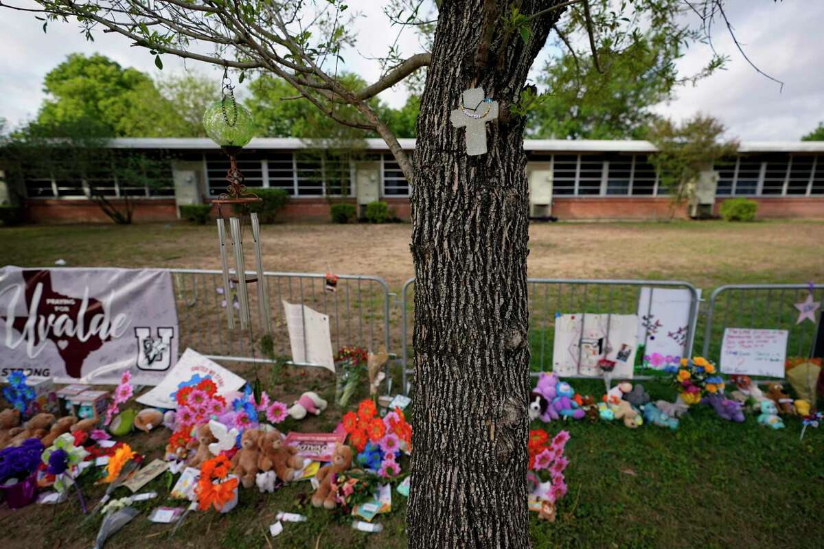 A memorial springs up for the 21 mass shooting victims at Robb Elementary School in Uvalde, Texas, on June 3.