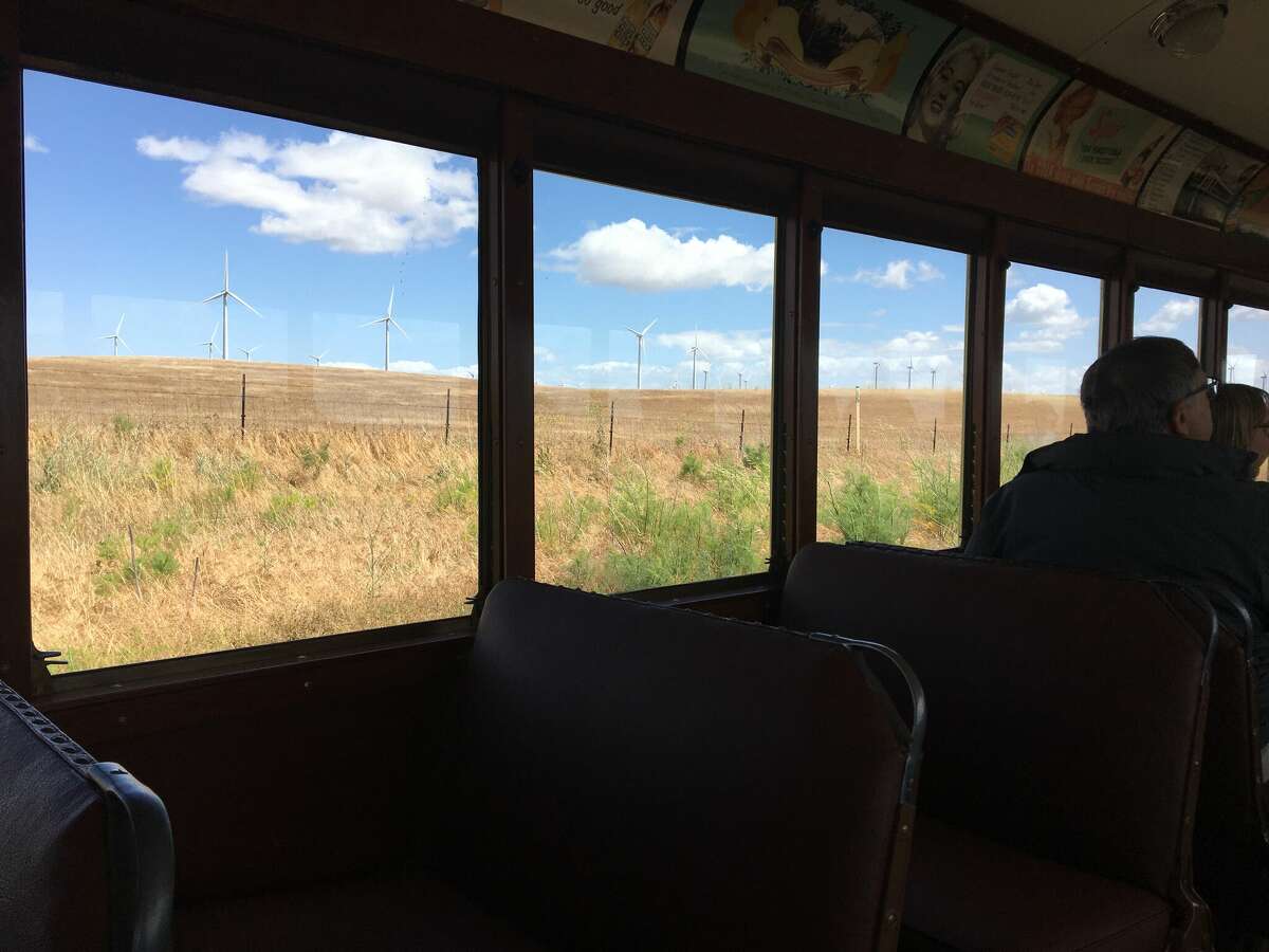 Views of a wind farm from EDF Renewable Energy seen from inside the museum's car 4001.?