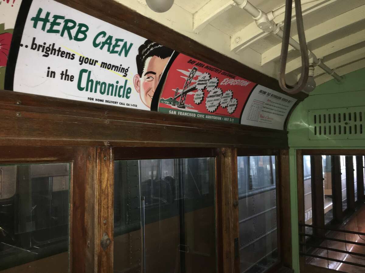 Classic advertisements inside a former San Francisco Muni streetcar, part of the collection at the Western Railway Museum.