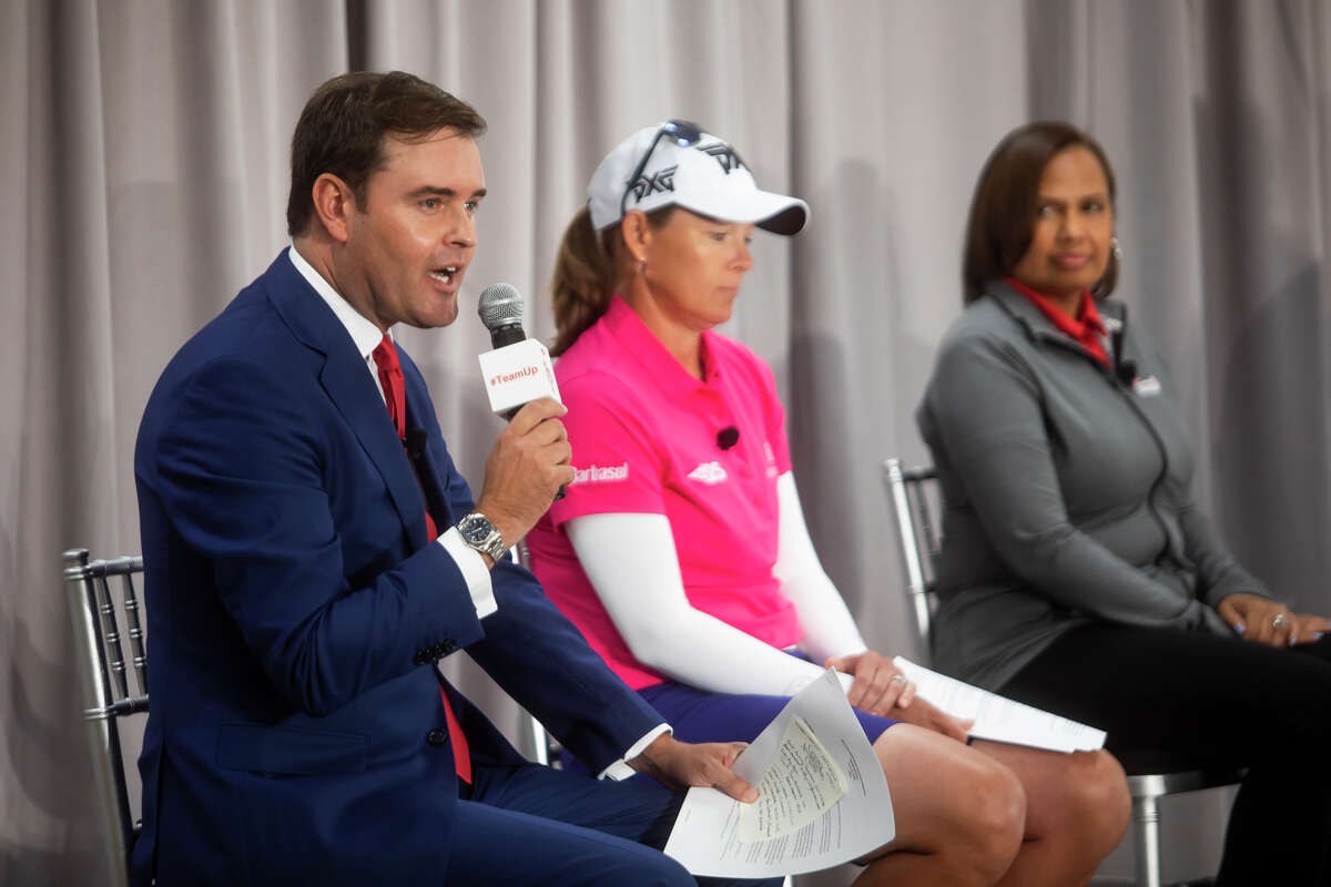 Tom Abbott of the Golf Channel moderates a panel discussion during the Dow Great Lakes Bay Invitational Media Day Monday, June 13, 2022 in Saginaw.