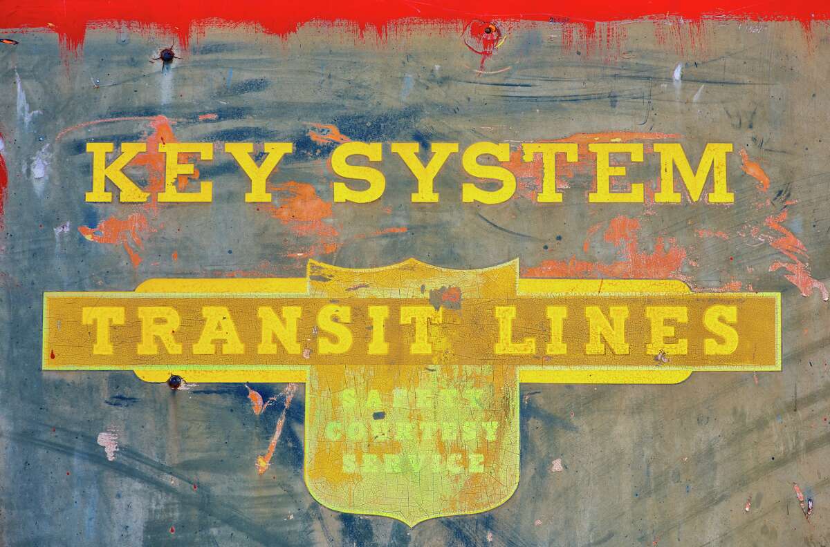 Logo of the Key System remains on the side of an old bus. The privately owned mass transit system operated trollies and buses and was sold to AC Transit.