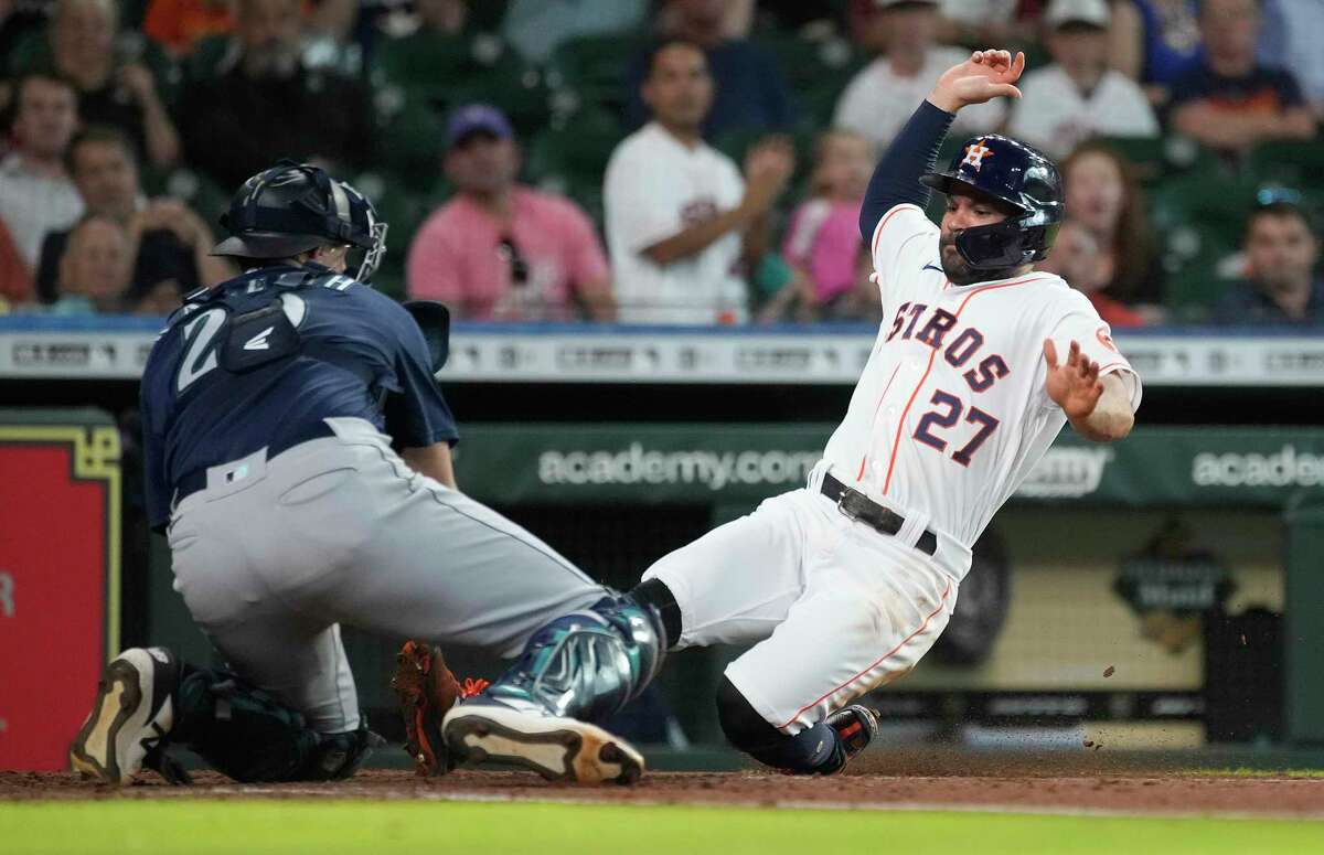Too late to the plate, Jose Altuve (27) is tagged out by Mariners catcher Cal Raleigh after trying to score from second on a single during the Astros’ 6-3 loss to Seattle on June 8. Altuve has been retired while running the bases an MLB-high eight times in 2022.