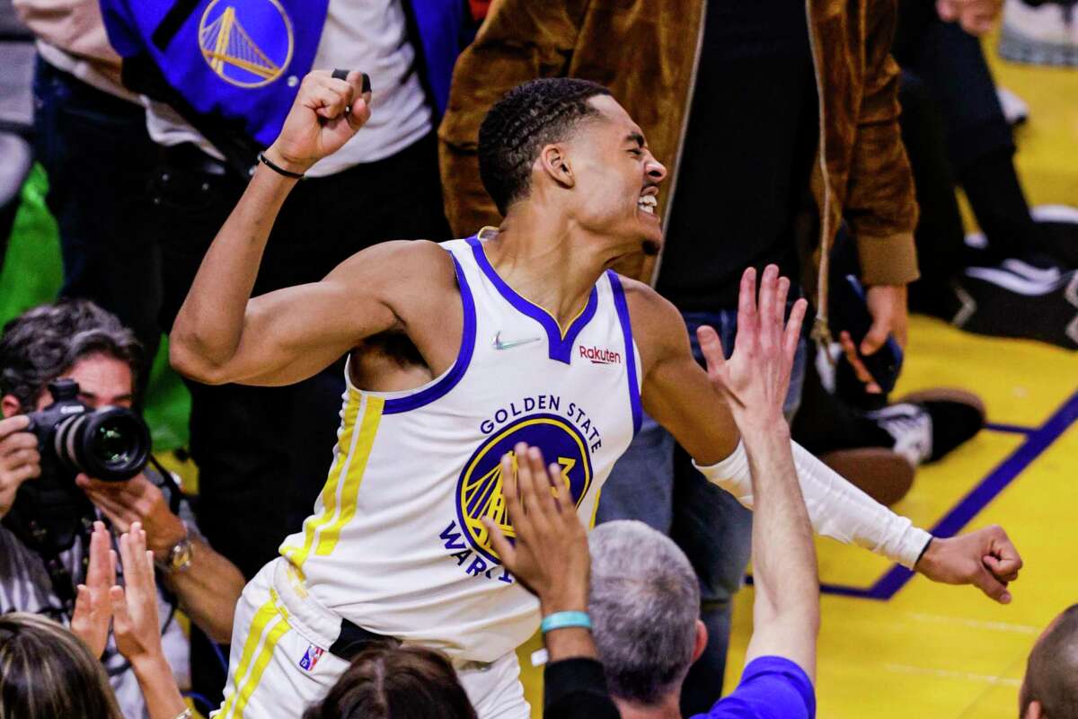 Golden State Warriors' Jordan Poole, 3, reacts after hitting a buzzer beating three pointer to end the third quarter in Game 5 of the NBA Finals at Chase Center in San Francisco, Calif., on Monday, June 13, 2022.