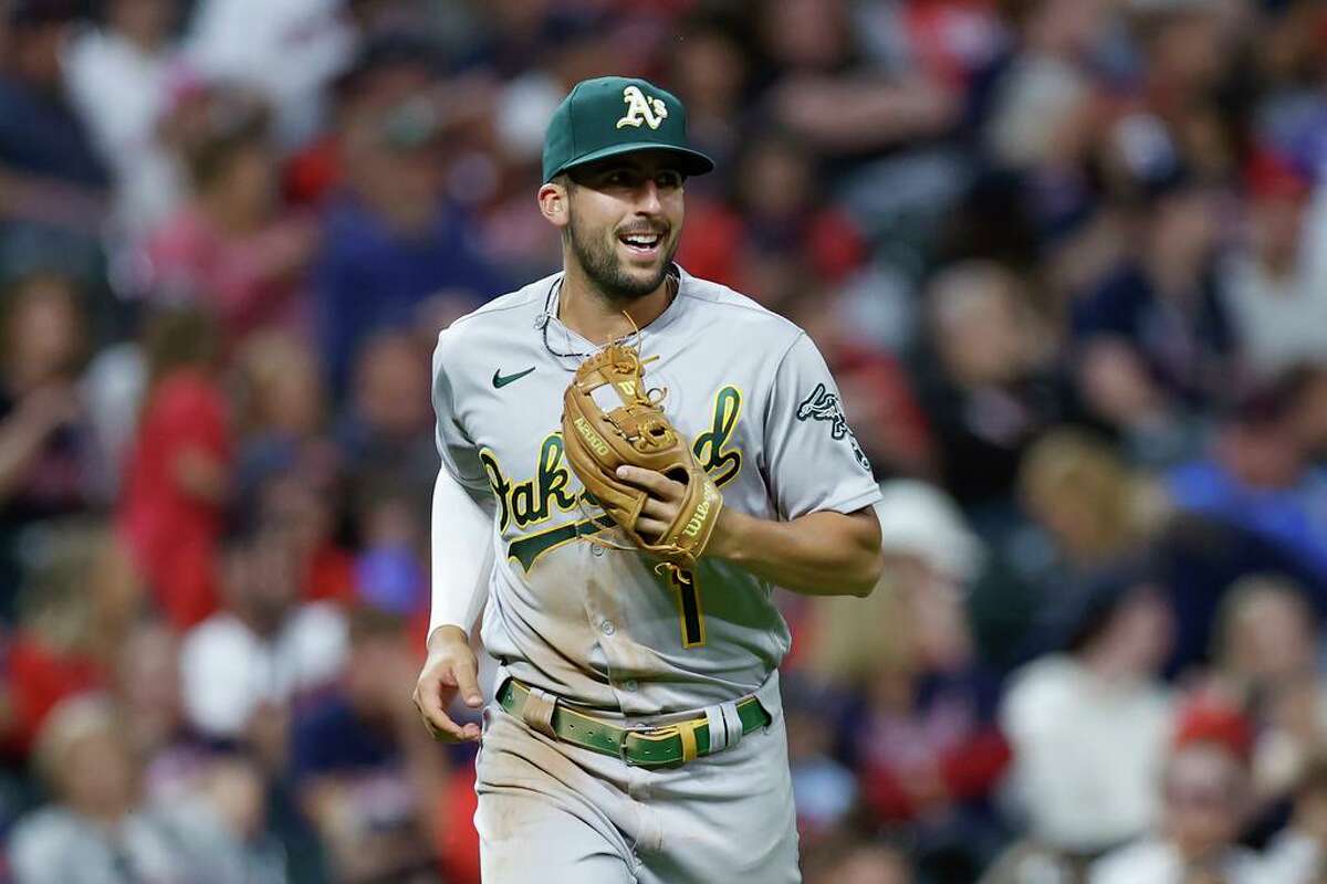 Oakland Athletics' Kevin Smith plays against the Cleveland Guardians during the eighth inning of a baseball game, Friday, June 10, 2022, in Cleveland. (AP Photo/Ron Schwane)
