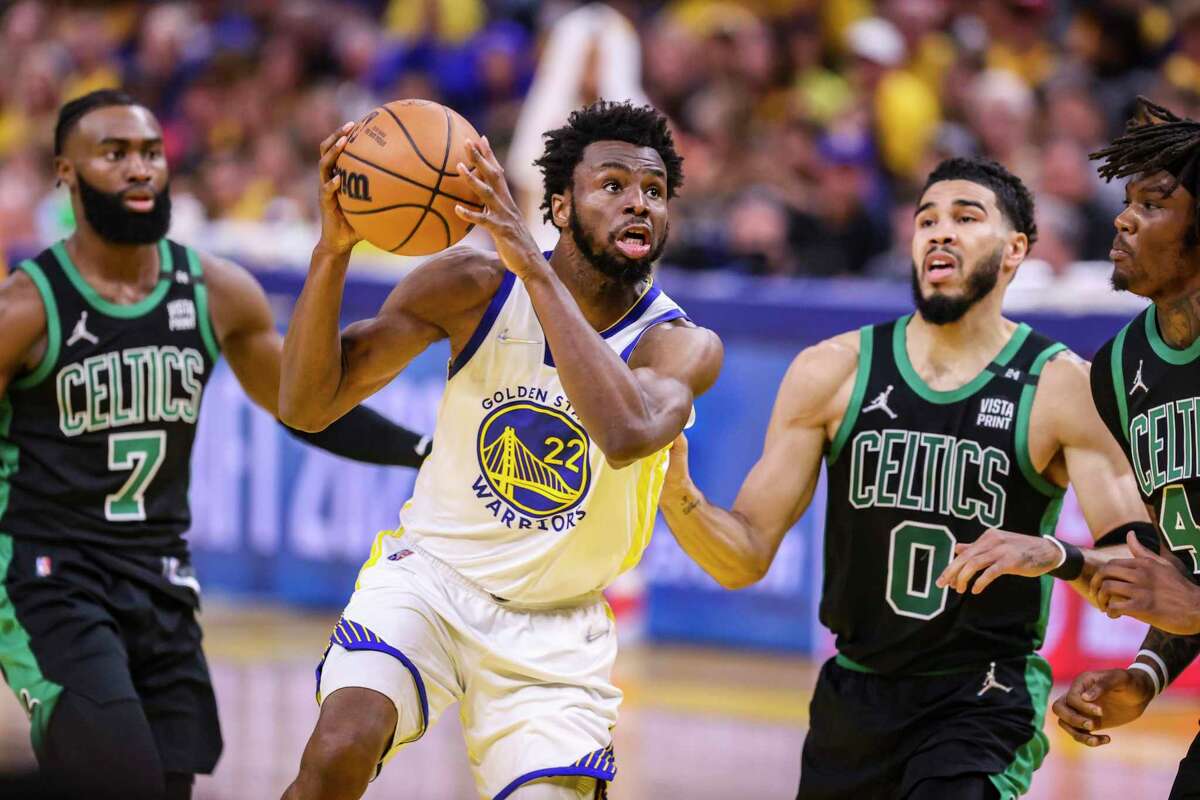 Golden State Warriors' Andrew Wiggins, 22, goes in for a layup during the second quarter in Game 5 of the NBA Finals at Chase Center in San Francisco, Calif., on Monday, June 13, 2022.